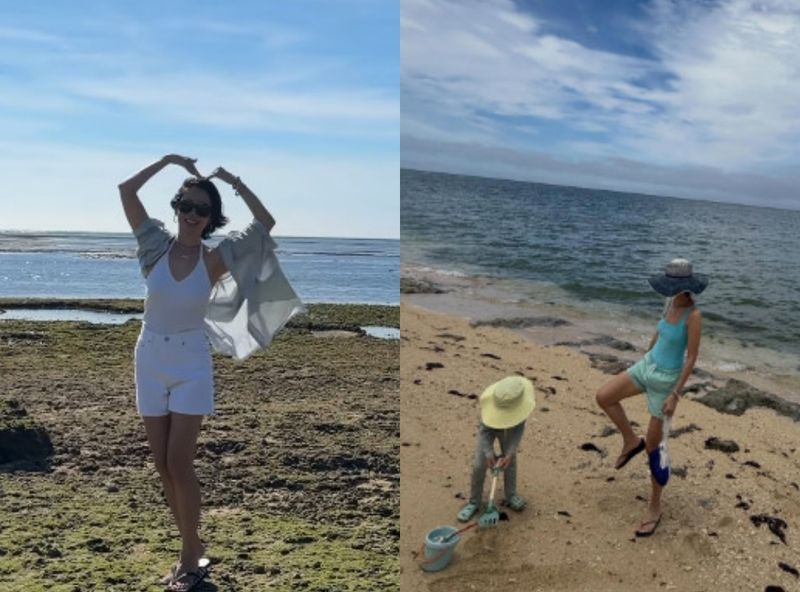 '현빈♥' 손예진. 훌쩍 큰 아들과 모래놀이…각선미까지 완벽한 엄마